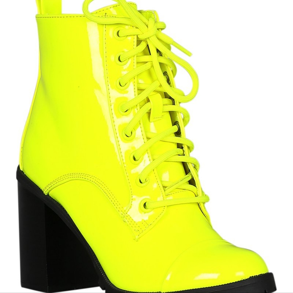 Women Patent Cap Toe Lace Up Lug Sole Chunky Heel Ankle Boots